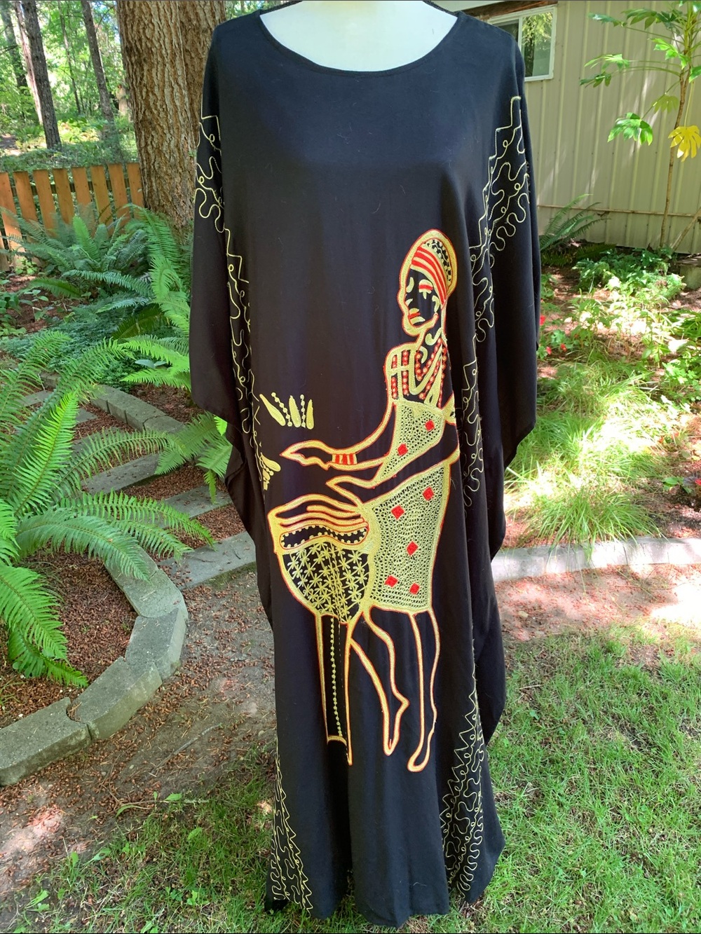 Embroidered Black Caftan with Gold & Red Tribal Drum Motif.